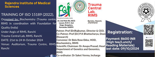 Training of ISO 15189 (2022), organised by Biochemistry (Trauma Centre), RIMS, Dated : 21st to 24th October 2024 